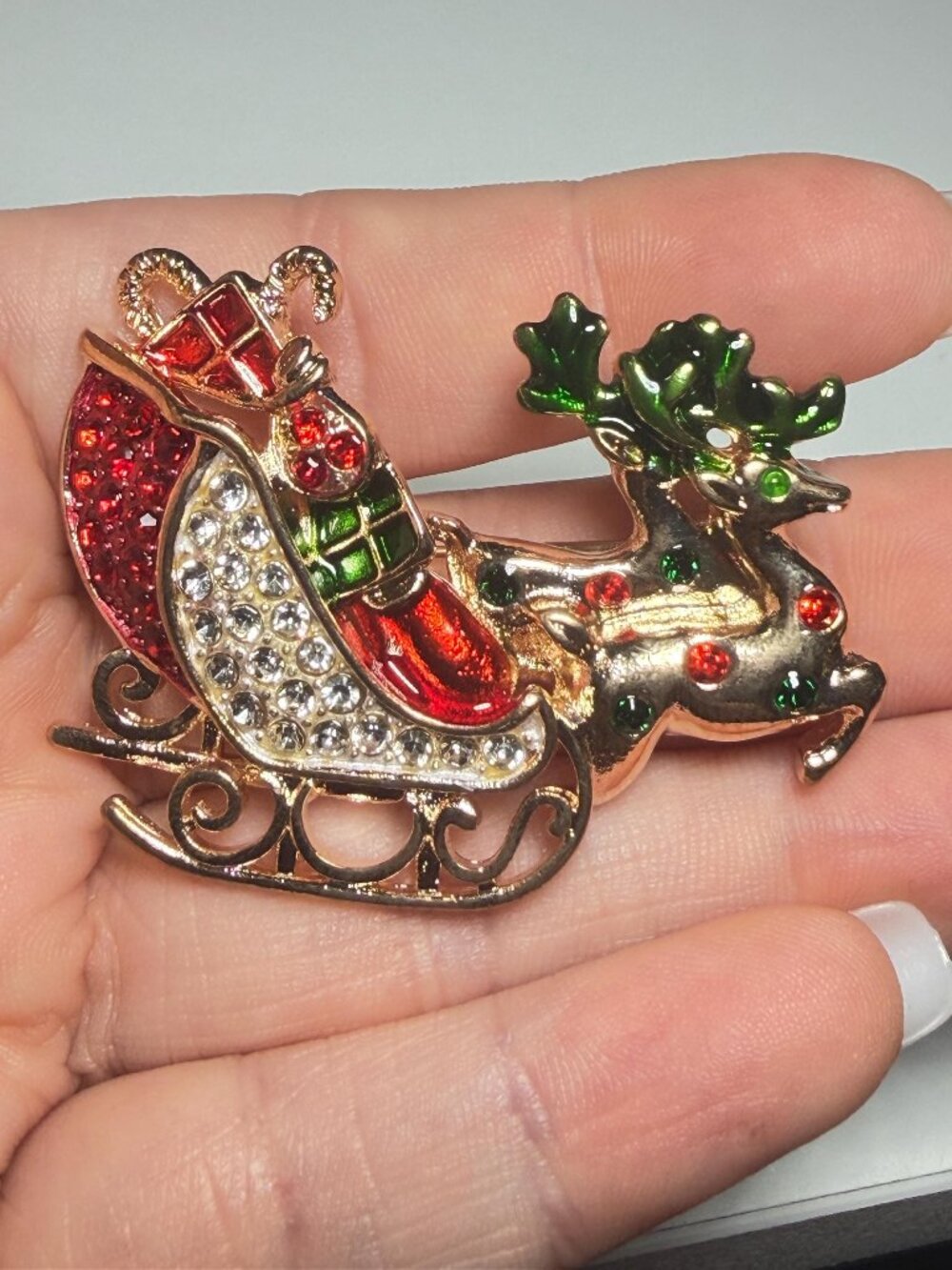 Christmas Reindeer Sleigh Presents Rhinestone Brooch Pin | 2 Inches